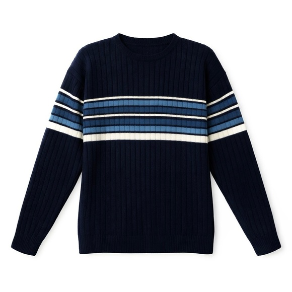 NYC Collection Navy Blue White Striped Ribbed Sweater Women’s Size M Retro Y2K - Picture 2 of 6